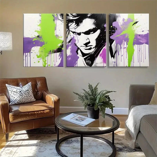 3pcs Purple and Green Paint Splashes Perfect Wall Art Set Canvas Framed 40x60cm - High Quality Print 100% Australian Made Wall Canvas Ready to Hang