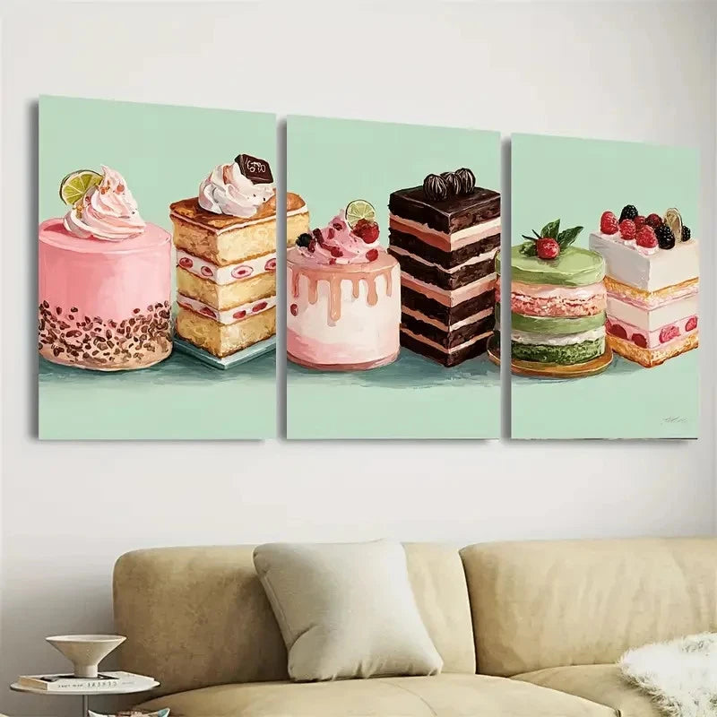 3pcs Kawaii Dessert Food Kitchen Decor Art Wall Art Set Canvas Framed 50x70cm - High Quality Print 100% Australian Made Wall Canvas Ready to Hang