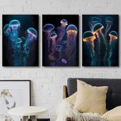 3pcs Glowing Jellyfish Marine Life Wall Art Set Canvas Framed 50x70cm - High Quality Print 100% Australian Made Wall Canvas Ready to Hang