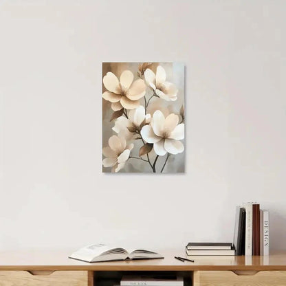 Floral painting on a wall above a wooden shelf with books and an open book.