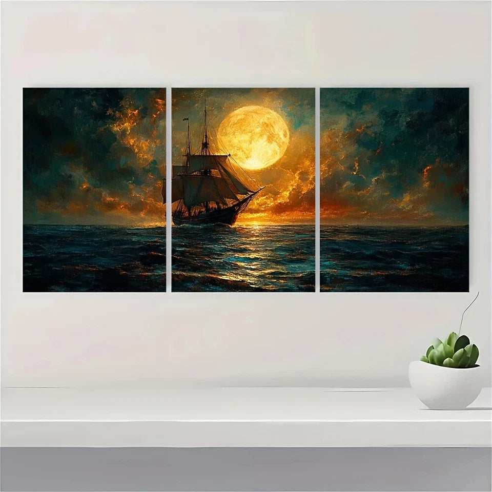 3pcs Classic Retro Farmhouse Style Moonlit Sea Metal Print Ready to Hang Art