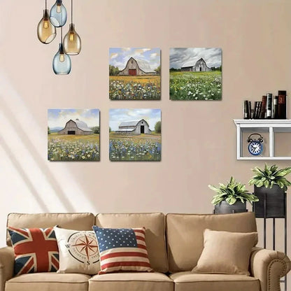 4pcs Rustic Barn & Field Wall Art Canvas Framed