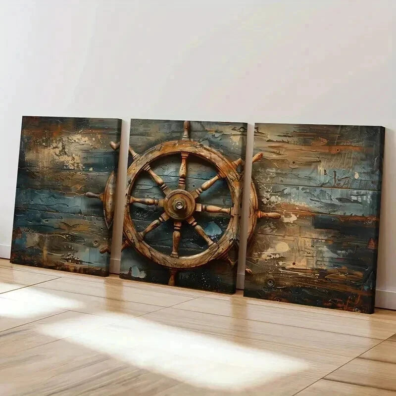 3pcs Nautical Ship Wheel Artwork Vintage Wall Art Set Canvas Framed 40x60cm - High Quality Print 100% Australian Made Wall Canvas Ready to Hang