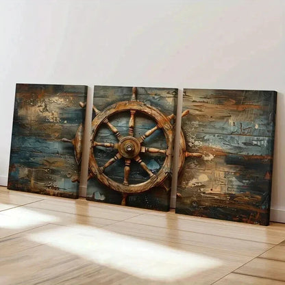 3pcs Nautical Ship Wheel Artwork Vintage Wall Art Set Canvas Framed 40x60cm - High Quality Print 100% Australian Made Wall Canvas Ready to Hang