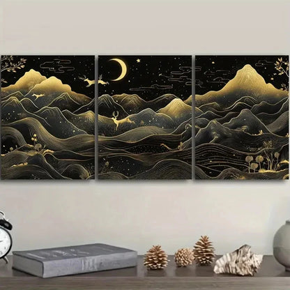 3pcs Golden Mountains And Deer Under Moonlight Wall Art Set Canvas Framed 60x90cm - High Quality Print 100% Australian Made Wall Canvas Ready to Hang