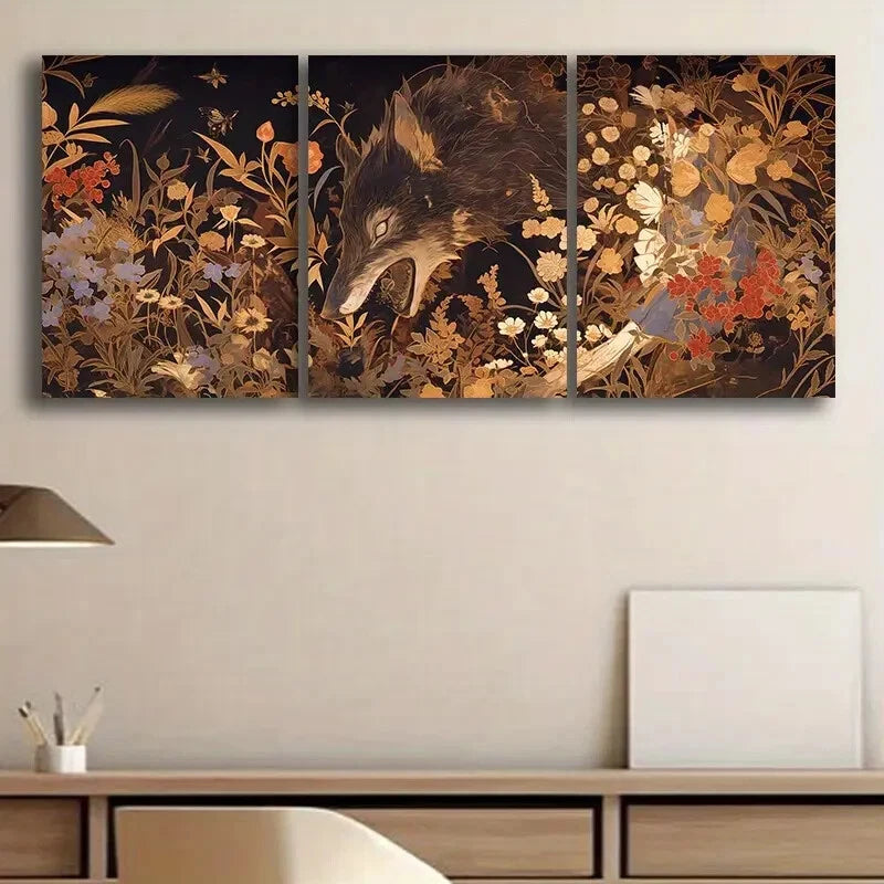 3pcs Wolves in Wildflowers & Foliage Metal Print Ready to Hang Art
