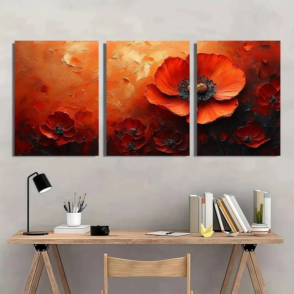 3pcs Vibrant Poppy Flower Modern Floral Metal Print Ready to Hang Art
