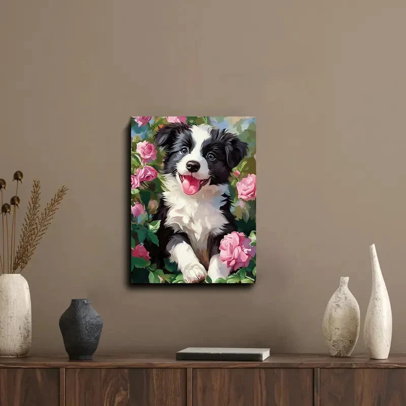 Collie Puppy Black and White Dog with Pink Roses 40x60cm Metal Print Ready to Hang