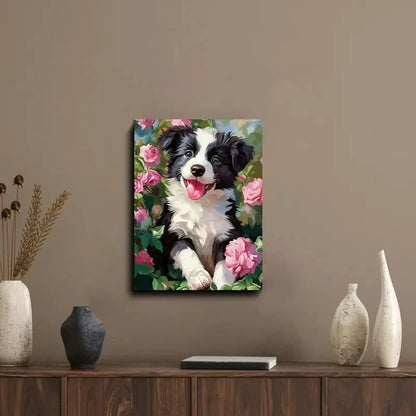 Collie Puppy Black and White Dog with Pink Roses 40x60cm Metal Print Ready to Hang