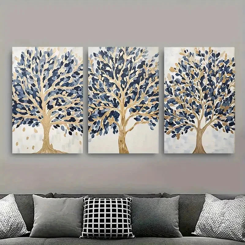 3pcs Abstract Blue Golden Tree Metal Print Ready to Hang Art