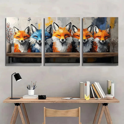 3pcs Abstract Orange Vibrant Blue & White Fox Metal Print Ready to Hang Art