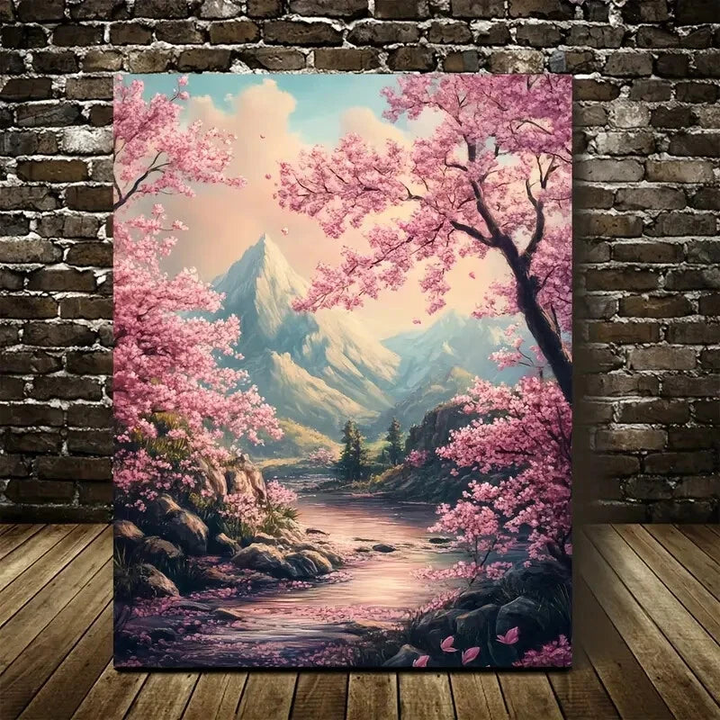 Cherry Blossom Pink Sakura, Mountain & River Scene 40x60cm Metal Print Ready to Hang