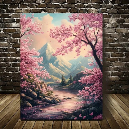 Cherry Blossom Pink Sakura, Mountain & River Scene 40x60cm Metal Print Ready to Hang