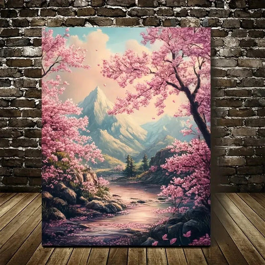 Cherry Blossom Pink Sakura, Mountain & River Scene 40x60cm Metal Print Ready to Hang