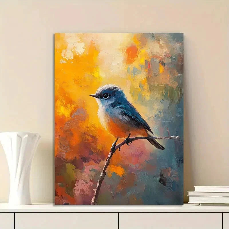 Cute Bird Painting Yellow Blue 40x60cm Metal Print Ready to Hang