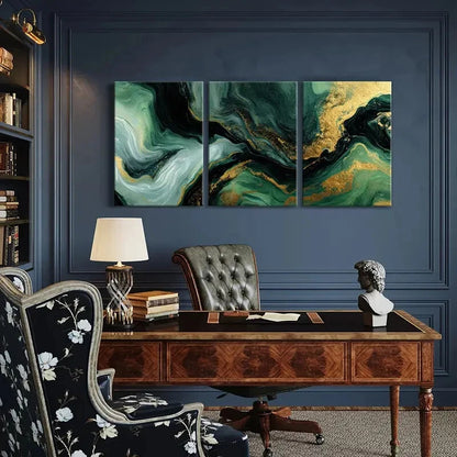3pcs Teal & Golden Abstract Modern Marble Design Metal Print Ready to Hang Art