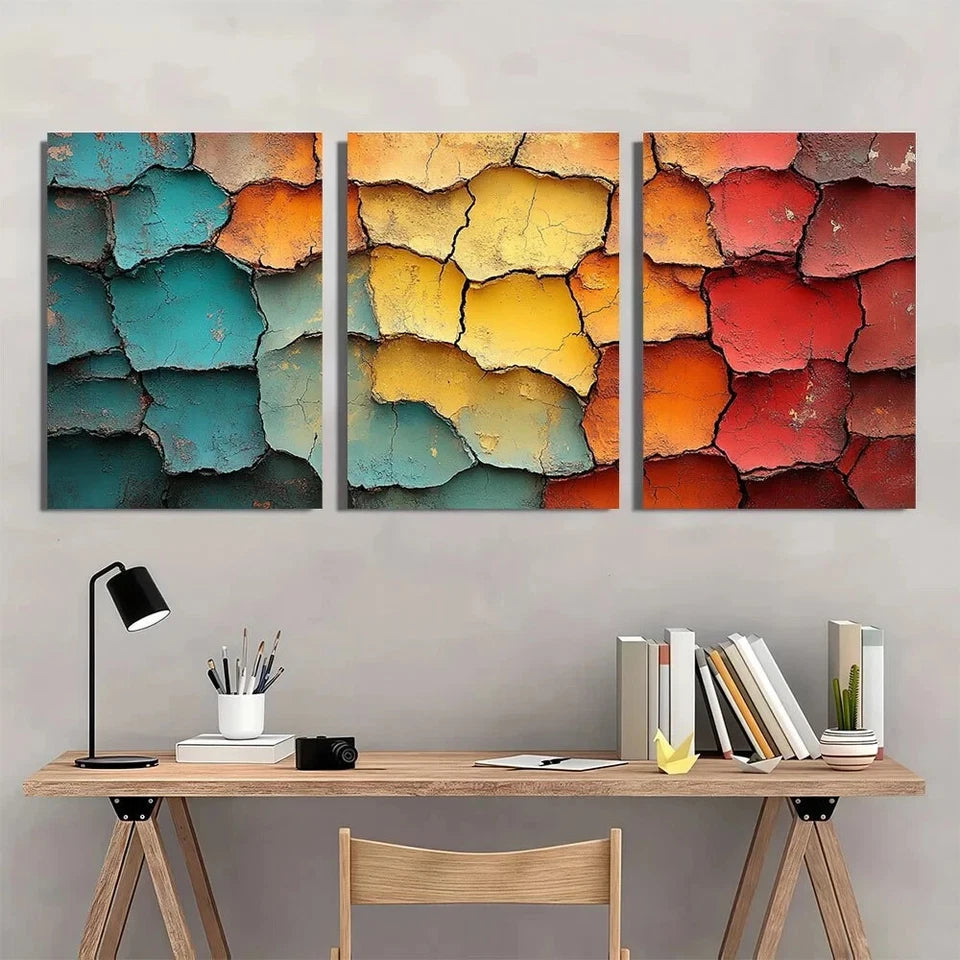3pcs Abstract Cracked Vibrant Teal Yellow Red Metal Print Ready to Hang Art