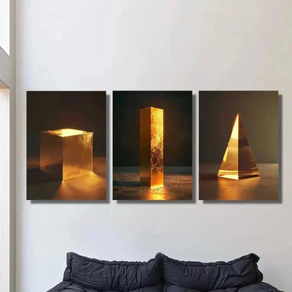 3pcs Luxurious Golden Cube Triangle Decoration Wall Art Canvas Unframed - High Quality Print 100% Australian Made Wall Canvas