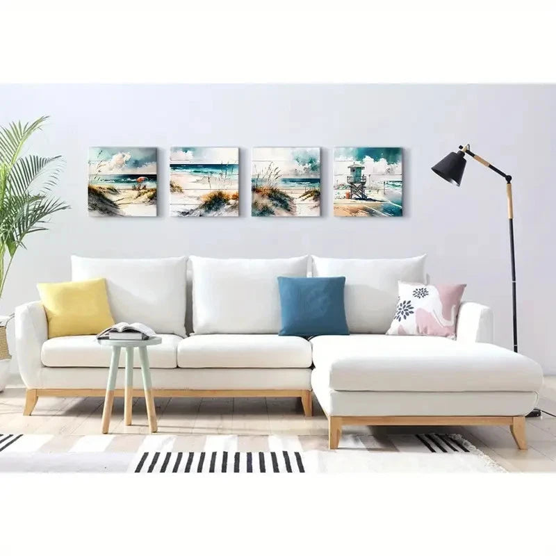 4pcs Teal Blue Beach Scenery  Wall Art Canvas Framed