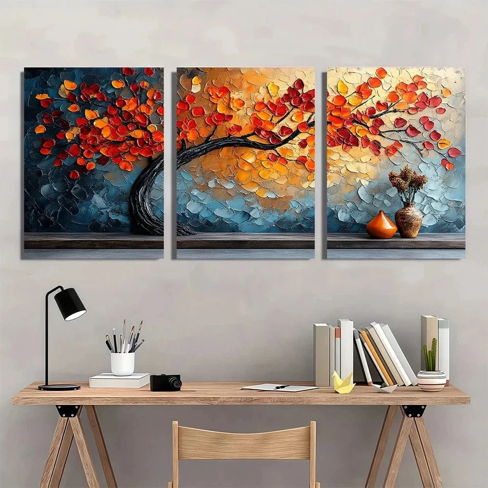 3pcs Autumn Tree Vibrant Fall Foliage Wall Art Set Canvas Framed 50x70cm - High Quality Print 100% Australian Made Wall Canvas Ready to Hang