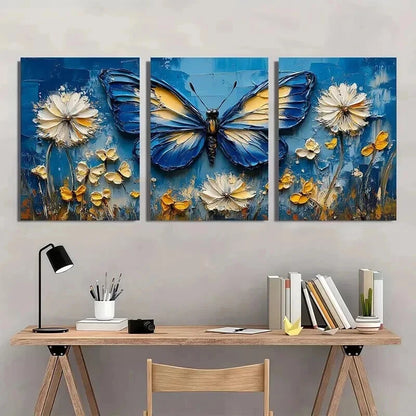 3pcs Blue Butterflies & Dandelion Flowers Wall Art Set Canvas Framed 40x60cm - High Quality Print 100% Australian Made Wall Canvas Ready to Hang