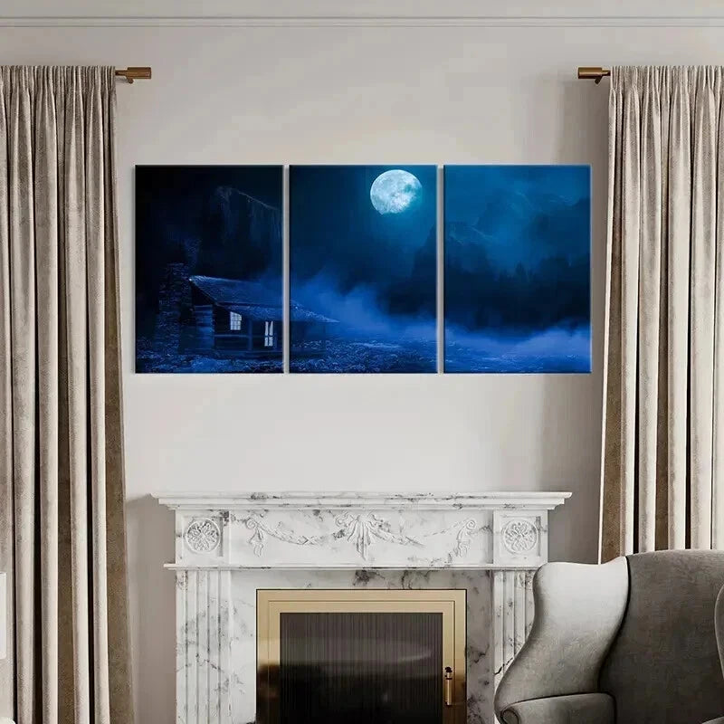 3pcs Moon Trees Mountains Thatched House Wall Art Set Canvas Framed 50x70cm - High Quality Print 100% Australian Made Wall Canvas Ready to Hang