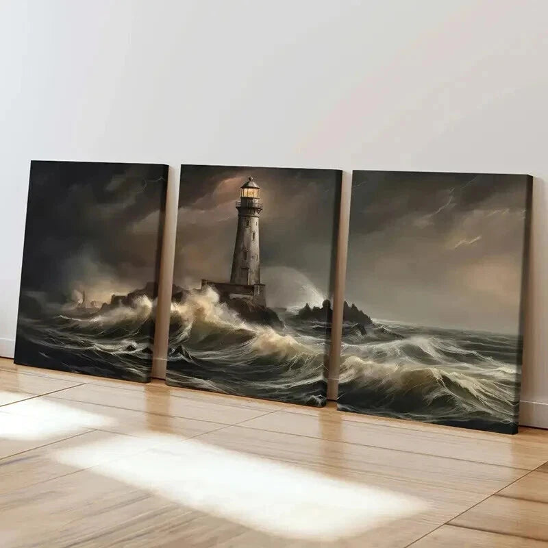 3pcs Stormy Sea Waves Lighthouse Beacon Wall Art Set Canvas Framed 40x60cm - High Quality Print 100% Australian Made Wall Canvas Ready to Hang