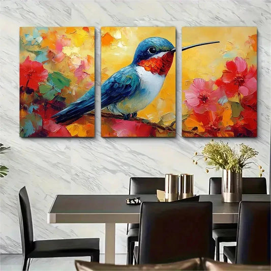 3pcs Hummingbird Small Birds Impasto Perfect  Wall Art Set Canvas Framed 40x60cm - High Quality Print 100% Australian Made Wall Canvas Ready to Hang