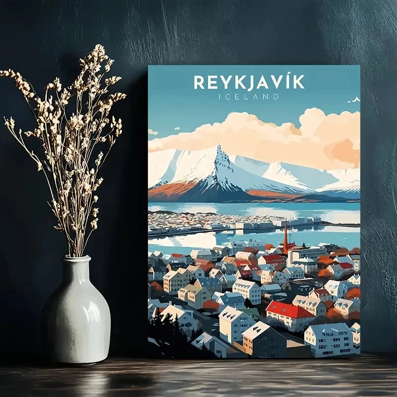 Iceland Reykjavik Icelandic Landscape Painting Travel Poster Print Wall Art