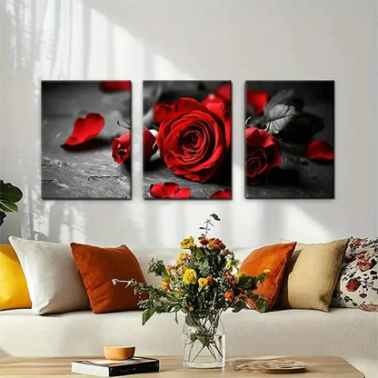 3pcs Red Rose Black and White Floral Perfect Wall Art Set Canvas Framed 40x60cm - High Quality Print 100% Australian Made Wall Canvas Ready to Hang