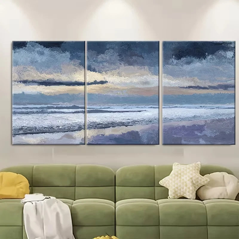 3pcs Misty Beach at Dusk, Surreal Metal Print Ready to Hang Art