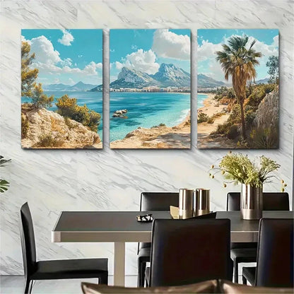 3pcs Flat Design with Blue Waters Rocky Cliffs Metal Print Ready to Hang Art