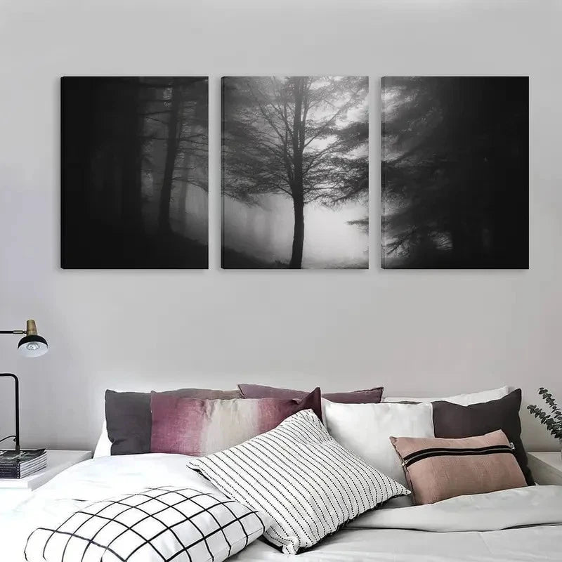 3pcs Black & White Forest Foggy Tree Landscape Wall Art Set Canvas Framed 50x70cm - High Quality Print 100% Australian Made Wall Canvas Ready to Hang