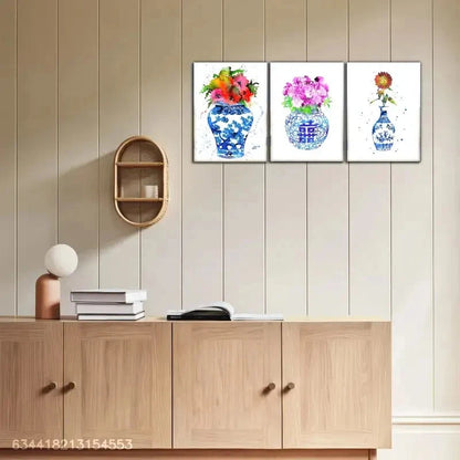 3pcs Blue and White Porcelain Floral Decoration Metal Print Ready to Hang Art