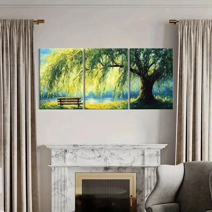 3pcs Willow Tree Serene Lake Wooden Bench Wall Art Set Canvas Framed 40x60cm - High Quality Print 100% Australian Made Wall Canvas Ready to Hang