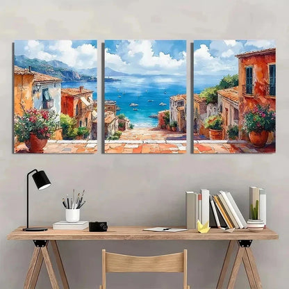 3pcs Street Scene Watercolor Coastal Perfect Wall Art Set Canvas Framed 40x60cm - High Quality Print 100% Australian Made Wall Canvas Ready to Hang