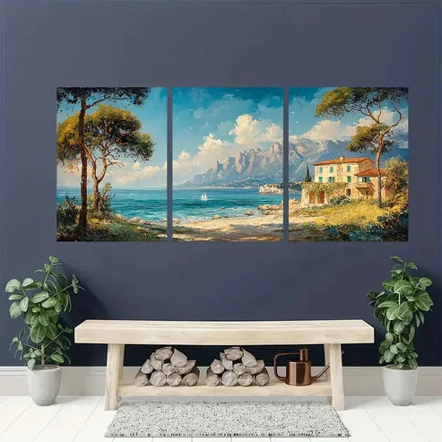 3pcs Long Landscape Seacoast Vintage Wall Art Set Canvas Unframed - High Quality Print 100% Australian Made Wall Canvas