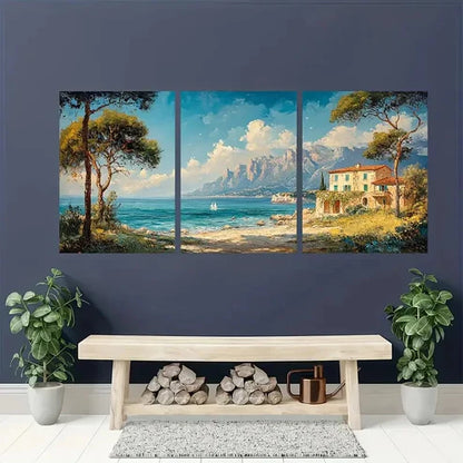 3pcs Long Landscape Seacoast Vintage Wall Art Set Canvas Unframed - High Quality Print 100% Australian Made Wall Canvas