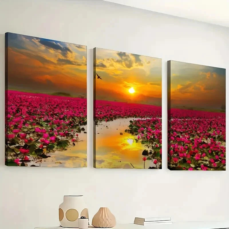 3pcs Sunrise Flowers And Oceans Décor Perfect Wall Art Set Canvas Framed 40x60cm - High Quality Print 100% Australian Made Wall Canvas Ready to Hang