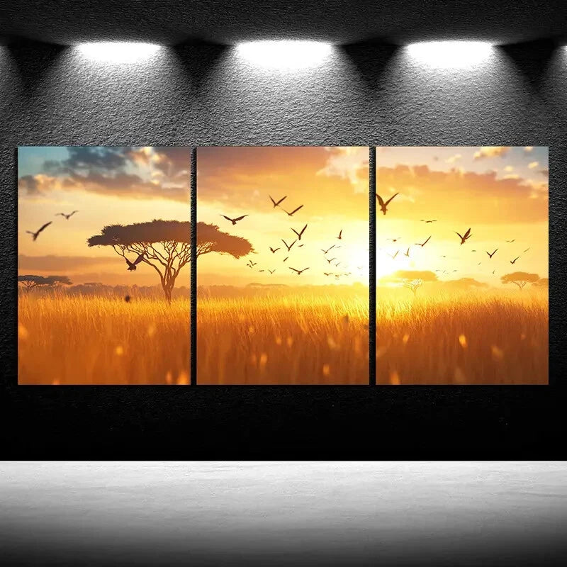 3pcs Flying Bird Sunrise Trees Metal Print Ready to Hang Art