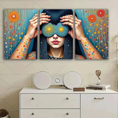 3pcs Woman With Colorful Tattoos & Sunflower Metal Print Ready to Hang Art