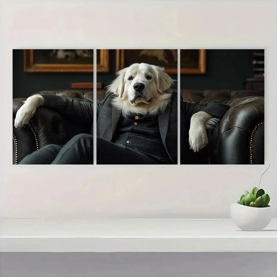 3pcs Elegant White Great Pyrenees in Black Suit Metal Print Ready to Hang Art