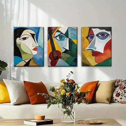 3pcs Vibrant Geometric Face Expressions Perfect Wall Art Set Canvas Framed 40x60cm - High Quality Print 100% Australian Made Wall Canvas Ready to Hang