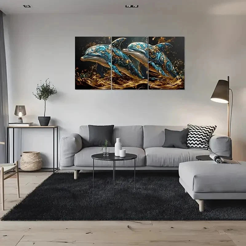 3pcs Fantasy Golden Themed Dolphins Metal Print Ready to Hang Art