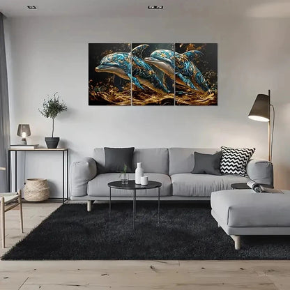 3pcs Fantasy Golden Themed Dolphins Metal Print Ready to Hang Art