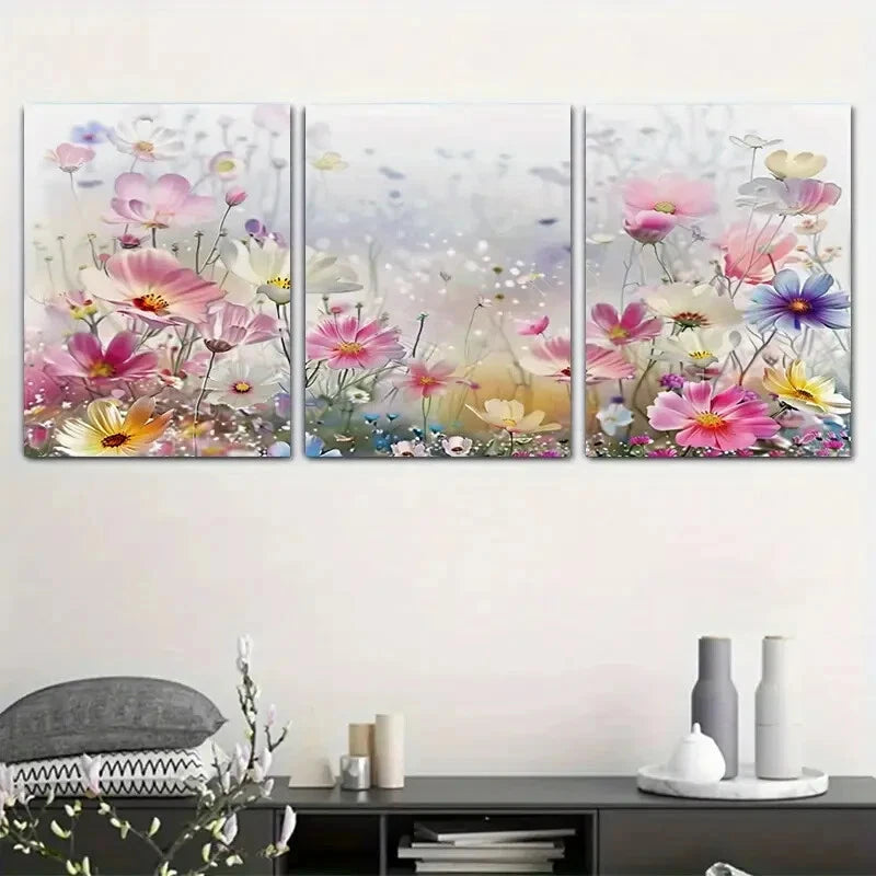 3pcs Romantic Flower Field Pink White Metal Print Ready to Hang Art