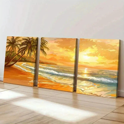 3pcs Vibrant Sunset Beach & Ocean Landscape Wall Art Set Canvas Framed 40x60cm - High Quality Print 100% Australian Made Wall Canvas Ready to Hang