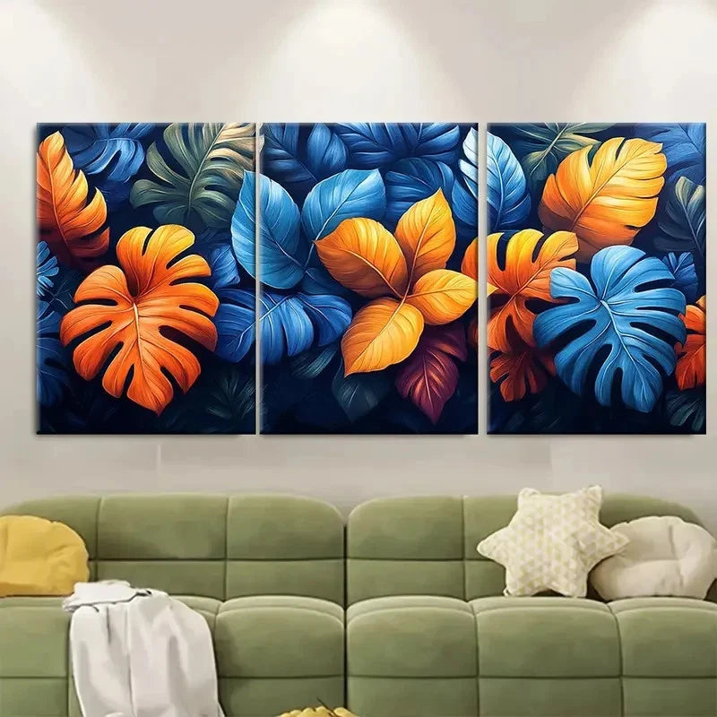 3pcs Tropical Jungle Leaf Abstract Design Wall Art Set Canvas Framed 50x70cm - High Quality Print 100% Australian Made Wall Canvas Ready to Hang