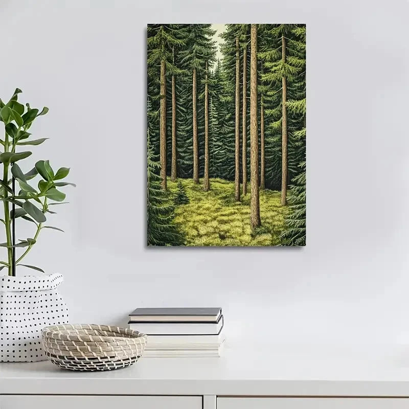 Vibrant Pine Forest Scene with Lush Green Trees 40x60cm Metal Print Ready to Hang