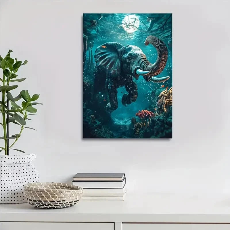 Steampunk Elephant in Coral Reef Underwater Painting 40x60cm Metal Print Ready to Hang